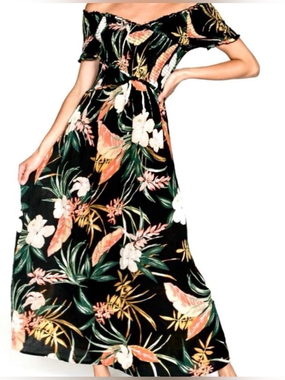Patrons of Peace Topanga Off-Shoulder Black Tropical Floral Maxi Dress XSP